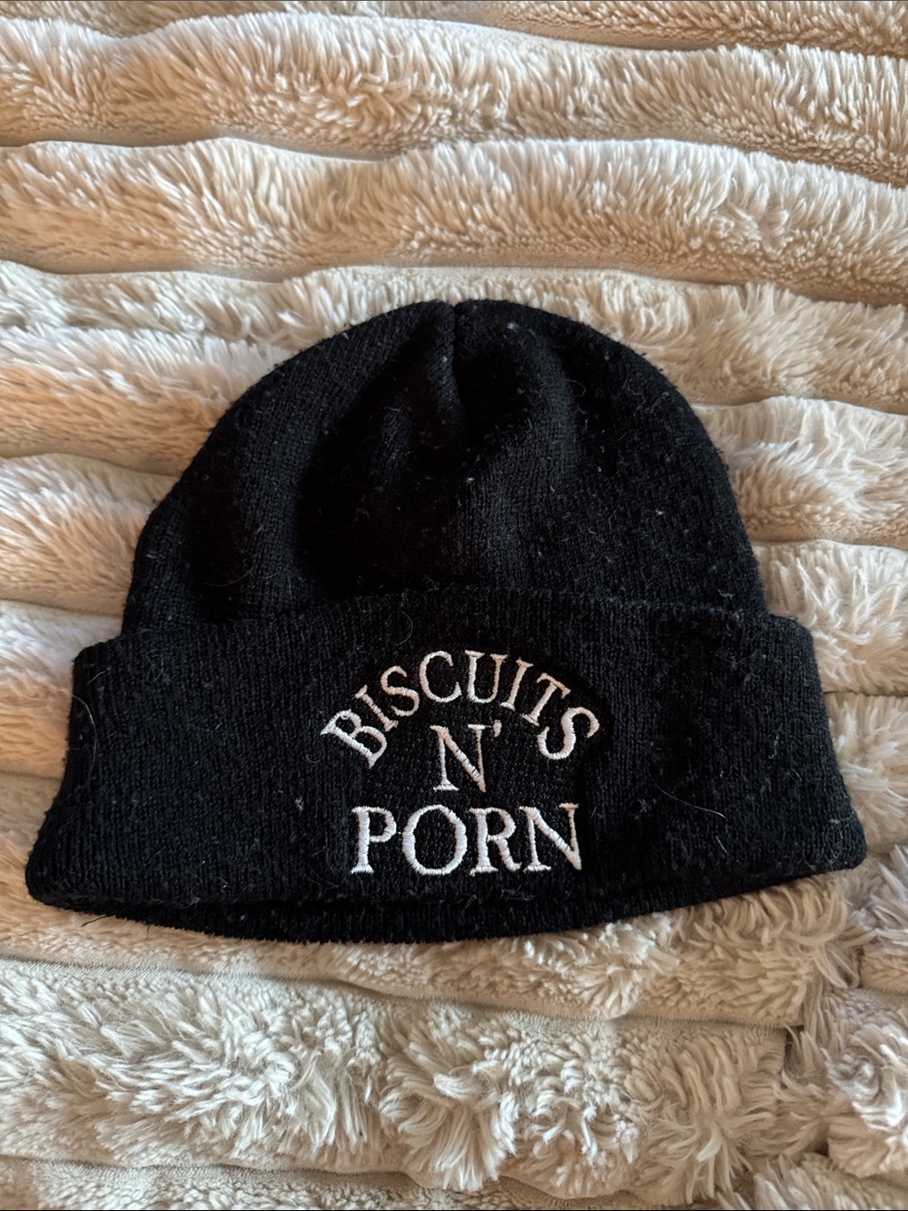 Black Embroidered Beanie Hat - Biscuits N' Porn from the Outer Banks OBX